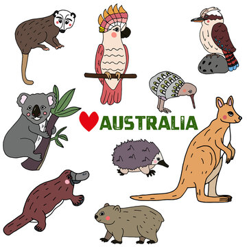 Hand drawn set of Australian animals:. Isolated objects on white background. Cartoon creative characters. Stikers, poster, kids stuff, bed linen, wrapping paper