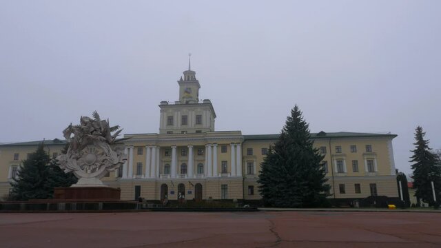 Large town hall on the square in the city center. Europe, Ukraine, Khmelnytsky. City Hall.
