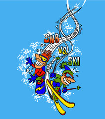 Snowboarder and downhill skier giving a race, snb vs ski, sport joke, snow background, cartoon