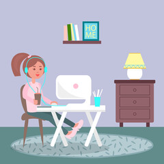 Working at home, young girl with glass of drink in hand, wearing headphones, using computer sitting at table, playing games, freelance work, leisure time, businesswoman or student using internet