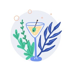 Tropical cocktail. Hand drawn exotic cold alcoholic martini beverage on palm leaves background, minimal style bar drinks, doodle trendy poster, vector illustration isolated on white background