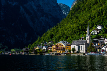 Fototapeta na wymiar Picturesque Lakeside Town Hallstatt At Lake Hallstaetter See In Austria
