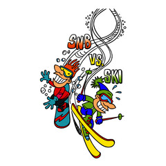 Snowboarder and downhill skier giving a race, snb vs ski, sports joke, color cartoon