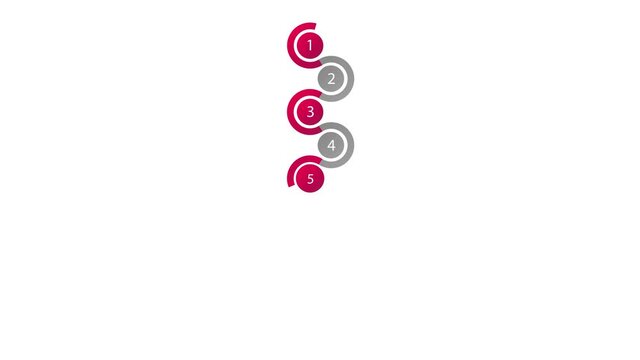 A set of three smoothly animated vertical spiral lines and 9 points. Black, red, yellow and pink colors. 2D flat animation isolated on white background with alpha luma matte 4k.