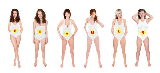 Portraits of six attractive young women wearing white swimsuits, summer is written on their swimwear, isolated on neutral studio background