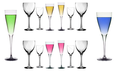 transparent crystal glasses with a colored drink on a white background