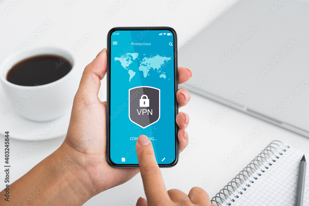 Poster point of view of woman using smartphone with vpn app