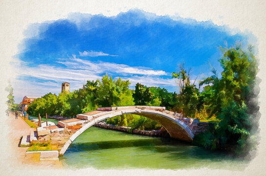Watercolor drawing of Stone Devil bridge across water canal on Torcello island, embankment promenade along water canal, green trees and blue sky