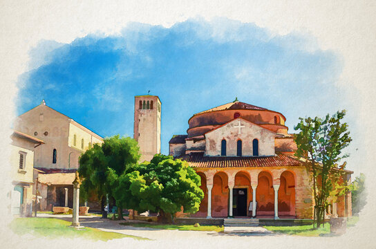 Watercolor drawing of Church of Santa Fosca building on Torcello island, Cathedral of Santa Maria Assunta with bell tower campanile