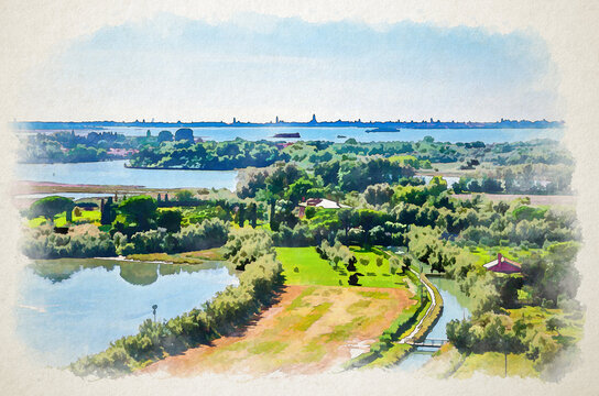 Watercolor drawing of Aerial view of Torcello islands with water canal, swamp, green trees and bushes. Panoramic view of Venetian Lagoon