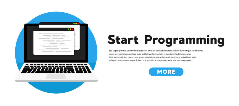 Programming courses and coding on computer. Vector flat illustration.