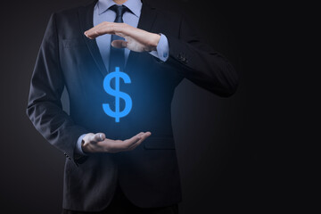 Successful international financial symbol sinvestment concept with businessman man person hold showing growth, charts and dollar sign, digital technology