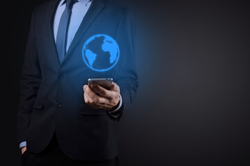 Businessman man hand holding Earth icon , digital globe