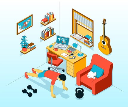 Pushup - exercise at home. Home workout in workplace. Vector isometric illustration.