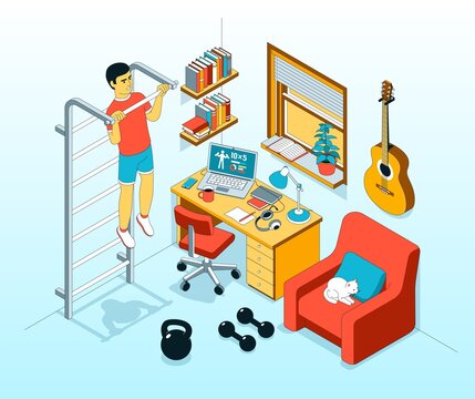 Home exercise - pull-up on bar. Workout at home in living room. Vector isometric illustration.