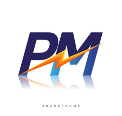 Letter PM logo with Lightning icon, letter combination Power Energy Logo design for Creative Power ideas, web, business and company.