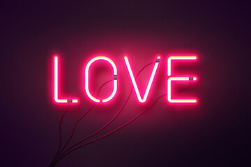 Neon retro Love sign on purple background. Design element for Happy Valentine's Day. Photo design, banner, greeting card.