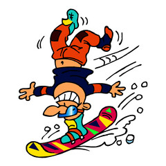 Snowboarder doing handstand on his board and going downhill, winter sport joke, color cartoon