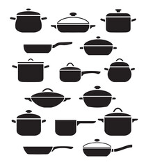Vector set of kitchen utensils. Collection black and white pots and pans with lids.