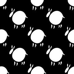 White sheepson black background. Cute seamless pattern. Black and white hand-drawn cartoon collection. Vector illustration .