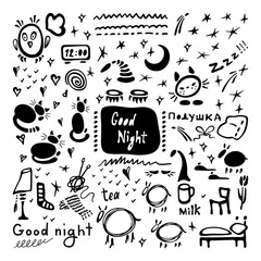 Big set of night symbols. Good Night lettering. Hand drawn cartoon collection. Black and white vector illustration on white background.