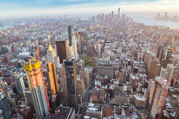 Aerial view of New Yok City with its financial district, taken from the Empire State Building.