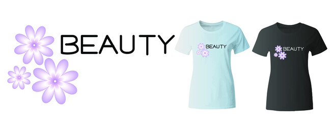 "BEAUTY"  t shirt print stamp. Textured design for printing products, badge, applique, t-shirt stamp, clothing label, jeans and casual wear tags. Vector illustration.