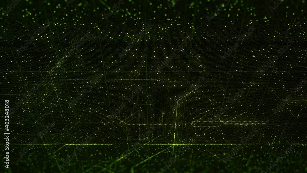 Poster technological background with flying digital flickering particles and dots. animation. seamless loop