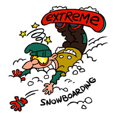 Snowboarder had an accident and fell into the snow, extreme snowboarding, winter sport joke, color cartoon