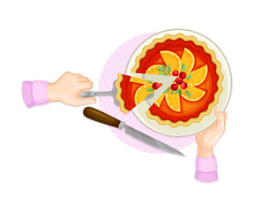 Human Hands Taking Piece of Pie Rested on Plate Above View Vector Illustration