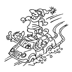 Snowboarder rides on the roof of a car which drives his friends down the hill, winter sport joke, black and white cartoon