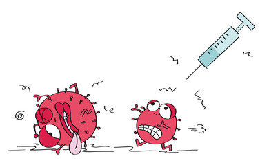 Scared corona viruses, one is terrified and running away, escaping from COVID 19 syringe vaccine, the second one is already injured, almost dead. Original funny cartoon hand drawn illustration.