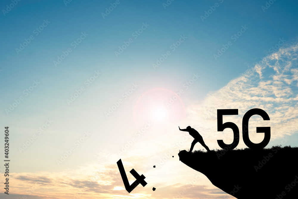 Poster digital and technology transformation concept,man push number four from cliff to change 4g to 5g tec
