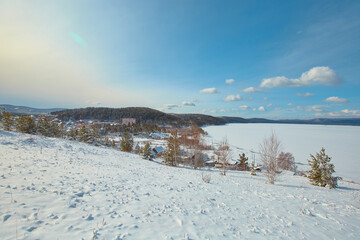 A view of the lake Turgoyak in the winter. Chelyabinsk region, Miass city.