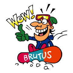 Snowboarder sitting in the snow and showing thumbs up and saying wow, winter sport joke, color cartoon