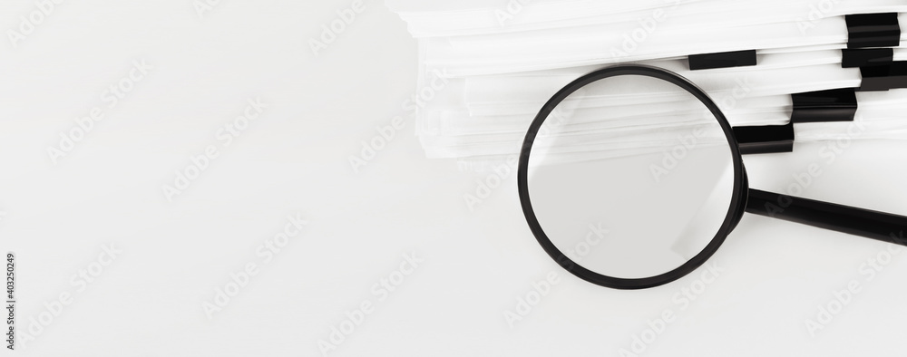 Poster stack of report paper documents with magnifying glass. concept of business and search.