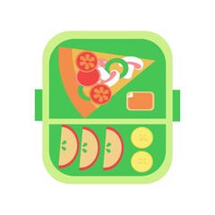 Lunchbox with pizza and cheese sauce flat icon Vector illustration