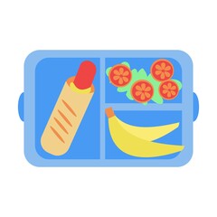 Lunchbox with banana and hot dog flat icon Vector illustration