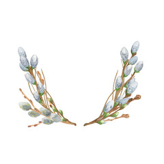 Fluffy pussy willow branches oval wreath floral spring composition, young twigs of trees, watercolor illustration for designing Easter holidays celebration decor, invitations, banners © Contes de fée 