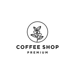 coffee bean with leaf plant branch hipster minimal logo vector with leaf simple line outline icon for cafe 