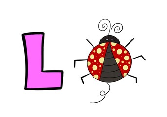 English alphabet Elle with ladybug on a white background