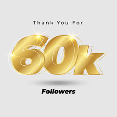 Thank you for 60k followers 3D gold logo isolated on elegant background, vector design for celebration purpose