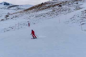 People skiing on the ski slope. Kayseri, Panoramic view of Erciyes,Turkey.