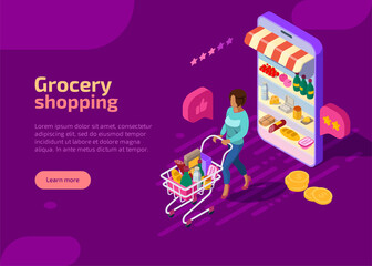 Grocery shopping isometric landing page, purple web banner. Woman character with supermarket cart full of food and drink. Shopper go from market shop on mobile device. E-commerce online store concept.