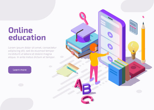 Online education isometric landing page, web banner. Student learning distant video tutorials via website or application at huge screen of smartphone. Lesson in internet school, university or college.