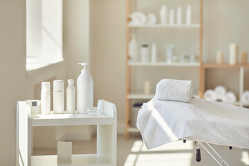 Cosmetologist's office with care products and a white couch in the foreground.
