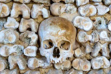 skulls and bones up close in the Chapel of Bones in Faro