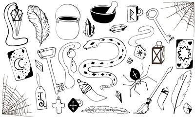 Collection of magic items. A set of esoteric objects. Vector black and white illustration, hand drawing