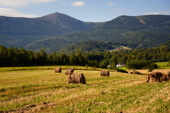 Hay and haycock on a cloudy day in the autumn in the Karkonosze moutains, Giant Moutains in Poland