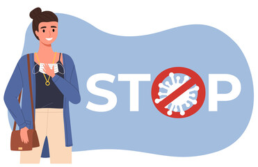 Female character is taking off a mask. Dark-haired woman in a jacket is posing. Young girl in medical mask in hands on the background of coronavirus stop sign, quarantine period vector illustration